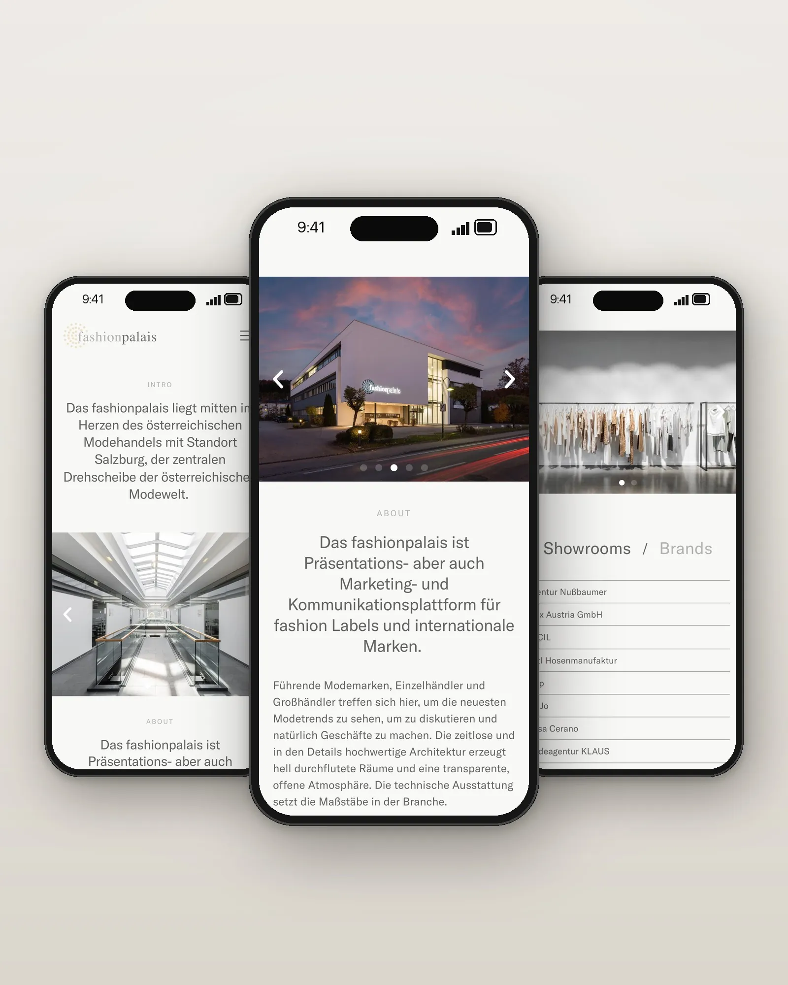 Mobile Website des Fashionpalais auf drei Smartphones