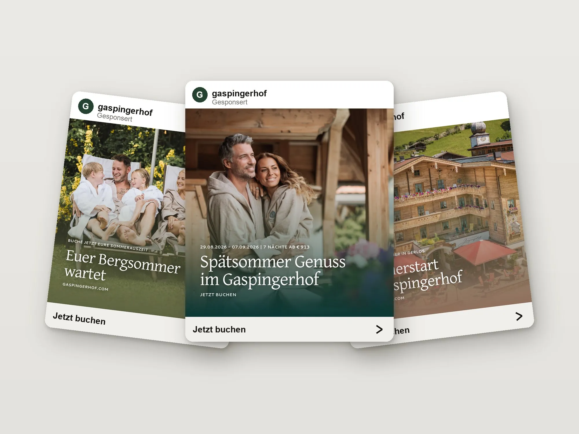 Meta-Werbeanzeigen des Hotel Gaspingerhof: Last Minute SkiFun, Spätsommer Genuss und Sommerstart
